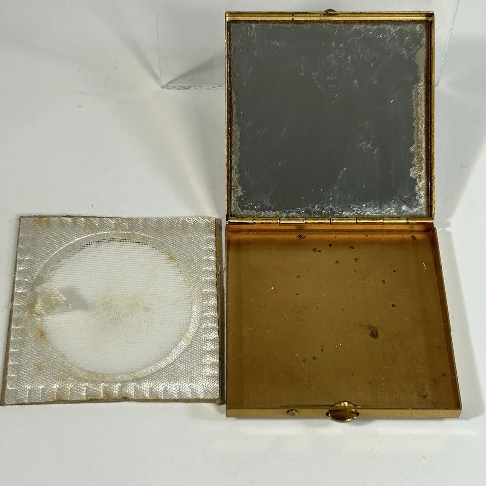 Vintage Compact Case w/Powder Puff, Gold Tone, Hand Painted Flowers READ